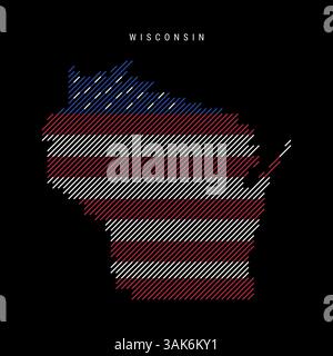 Wisconsin US state hatched silhouette map of slanted parallel lines pattern in the colors of the American flag, textured stylized map. Vector illustra Stock Vector