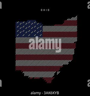 Ohio US state hatched silhouette map of slanted parallel lines pattern in the colors of the American flag, textured stylized map. Vector illustration Stock Vector