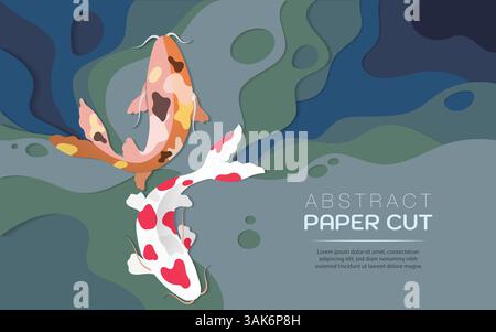 Layered papercut art effect of gold and white dotted koi carp fishes swimming together for greeting card, invitations, background decoration. Copy spa Stock Vector