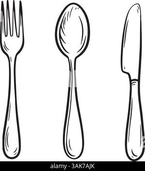 Hand drawn Elegant Cutlery Silhouette Set Fork, Spoon, and Knife Stock Vector