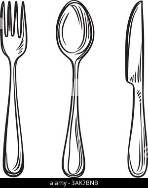 Hand drawn Elegant Cutlery Silhouette Set Fork, Spoon, and Knife Stock Vector