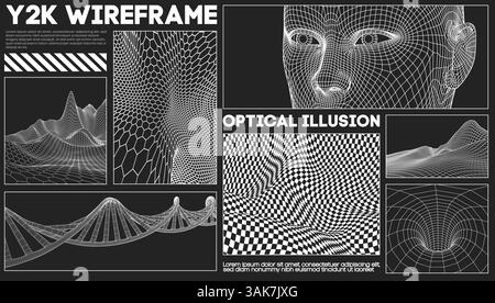Y2K wireframe collage with 3D digital face, DNA helix, hexagonal mesh terrain, optical illusion pattern, vortex tunnel, and abstract grid surfaces on Stock Vector