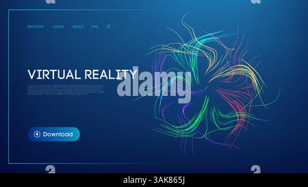 Futuristic virtual reality website interface with glowing abstract digital waves, neon color lines, and a modern UI design on a dark background Stock Vector