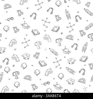 Seamless pattern on white background children's school doodles, cups, medals, whistle, books, vector Stock Vector
