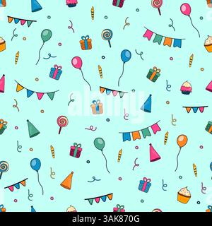 Vector birthday seamless pattern, repeating background of vibrant balloons, vivid birthday cone hats Stock Vector