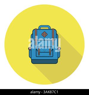 Vector icon of a blue school bag on a bright plate with a long shadow, flat design Stock Vector