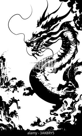 This dragon drawn in gritty ink texture, go hua,Merging japanese painting with street art,this expressive drawing uses dirty brush details and a clean Stock Photo