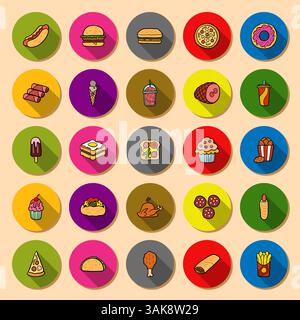 Set of vector fast food icons in round flat bright plates with long shadow Stock Vector