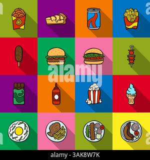 Set of vector fast food icons in bright square flat dice with long shadow, for web design and internet Stock Vector
