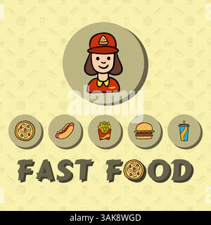 Vector banner in flat style fast food, icons jump, hot dog, burger, drink, pizza, with shadow and text Stock Vector