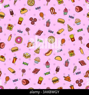 Seamless pattern vector icons fast food in a flat style that depicts hot dog, sausage, pizza, burger, chicken grill, sandwich Stock Vector