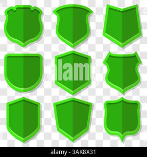 Set of green vector shields in 3D style with shadow Stock Vector
