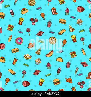 Seamless pattern vector icons fast food in a flat style that depicts hot dog, sausage, pizza, burger, chicken grill Stock Vector