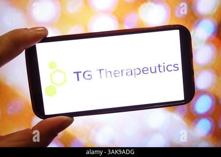 In this photo illustration, the TG Therapeutics company logo is seen
