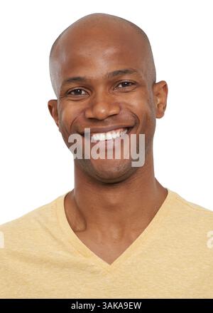 Happy black man, portrait and yellow T shirt with positive attitude or style on a white studio background. Face of young African male person or bald Stock Photo