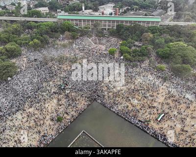 April 12, 2025, Dhaka, Dhaka, Bangladesh: (EDITOR'S NOTE: Image taken with drone) Bangladeshi thousands of protesters participate in a demonstration titled ''March for Gaza'' during a rally in Dhaka, Bangladesh, on April 12, 2025, expressing solidarity with the Palestinians in Gaza. The ''March for Gaza'' demonstration with protesters calling for the end of what they see as the brutal genocide carried out by Israeli forces on Palestine's Gaza concluded with a collective prayer after the reading of a declaration pledging solidarity with the people of Gaza. (Credit Image: © Zabed Hasnain Chowdhu Stock Photo