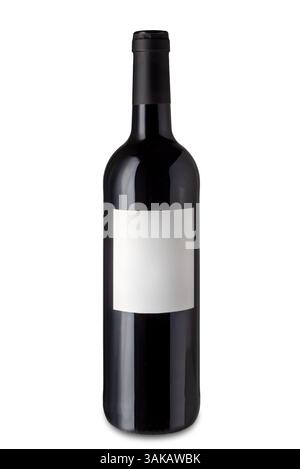 Red wine bottle with blank label - Isolated on white with clipping path included - paper white label Stock Photo