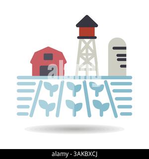 Farm landscape with barn, windpump, seedling and water tower vector isolated icon. Agriculture sign. Graph symbol for your web site design, logo, app, Stock Vector
