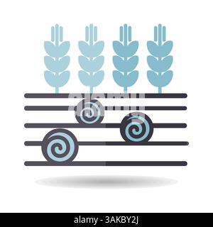 Ears of Wheat, Barley or Rye on field and round hay bales icon. Agriculture sign. Graph symbol for your web site design, logo, app, UI. Vector illustr Stock Vector