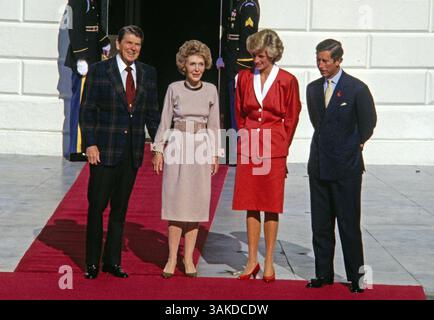 November 9, 1985 - Washington, District of Columbia, United States of America - Washington, DC - November 9, 1985 -- United States President Ronald Reagan and first lady Nancy Reagan greet Princess Diana and Prince Charles at the White House in Washington, DC on November 9, 1985.Credit: Howard L. Sachs / CNP (Credit Image: © Howard L. Sachs/CNP via ZUMA Wire) Stock Photo