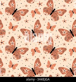 Butterflies pattern, vector seamless background. Boho styled moths with floral, botanical and abstract ornament on wings. Illustrated whimsical insect Stock Vector