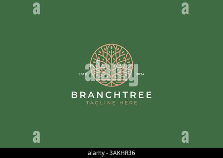 Oak Tree Logo Root Branch Nature Plant Linear Geometric Abstract Luxury Concept at Circle Shape Stock Vector