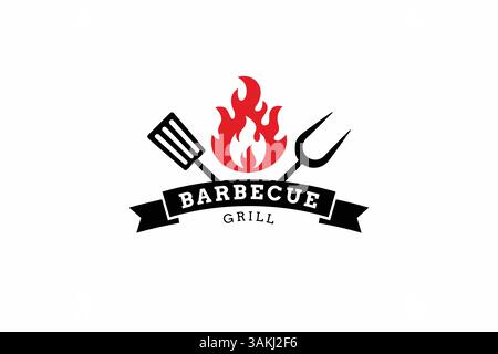 Hot Grill Barbecue Logo Spatula Fork Flame Fire Abstract Element Food Kitchen Outdoor Restaurant Stock Vector