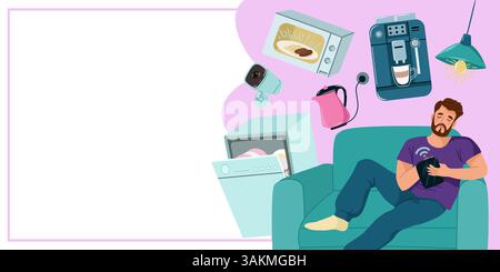 Template of vector banner with man relaxing on a sofa holding a tablet, surrounded by smart home devices like a microwave, coffee machine, and securit Stock Vector