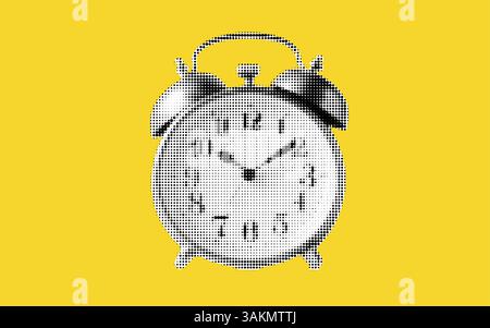 Bright yellow halftone collage of a vintage alarm clock capturing the essence of time, urgency, and nostalgia in a modern artistic format Stock Vector