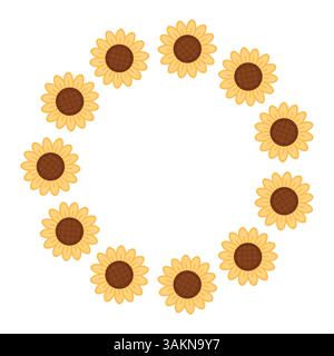 Round frame of cartoon sunflowers. Vector illustration. Stock Vector