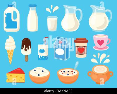 A set of milk in different packages. Vector stickers in flat style. Stock Vector