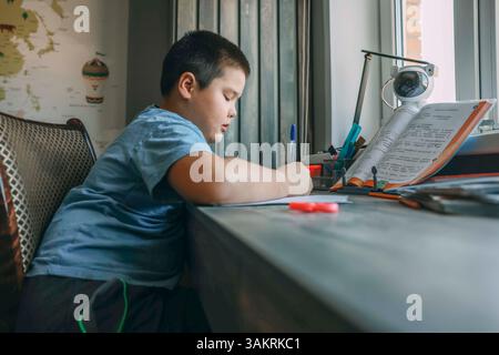 asian boy write in notebook, homework beside open textbook on desk, study tool, education, homeschooling, parenting resources Stock Photo