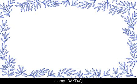 Branch rectangular border banner. Leaves and branches rectangular frame floral ornament. Line pattern background. Mediterranean blue outline stroke Stock Vector