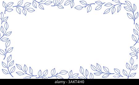 Branch rectangular border banner. Leaves and branches rectangular frame floral ornament. Line pattern background. Mediterranean blue outline stroke Stock Vector
