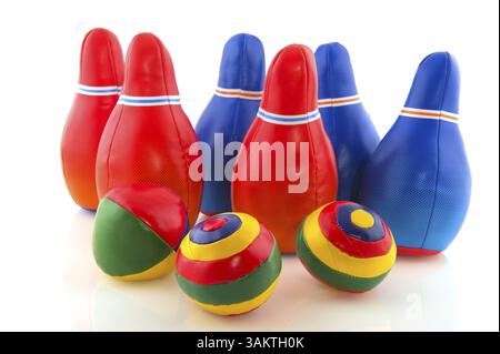 Bowling game with several pins and balls Stock Photo
