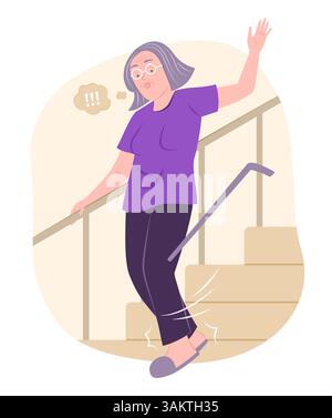 Elderly Woman Stumbles and Falling Down from Stairs for Accident Concept Illustration Stock Vector