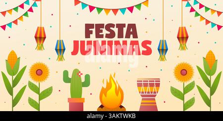 festa juninas horizontal banner illustration in gradient style Stock Vector