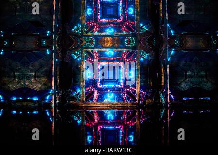 Neon Symmetry and Reflection in Futuristic Cyberpunk Style at Eye Level Stock Photo