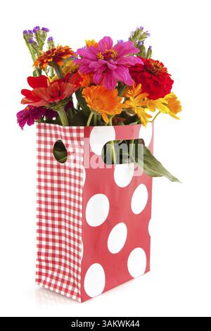 Colorful garden bouquet in cheerful giftbag isolated over white Stock Photo
