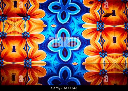 Vibrant Kaleidoscopic Floral Pattern in Blue and Orange Eye-Level View Stock Photo