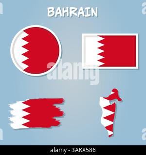 Bahrain map including map with reflection, map in flag colors, glossy and normal flag of Bahrain Stock Vector