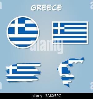 Colorful flag, map pointer and map of Greece in the colors of the Greek flag Stock Vector