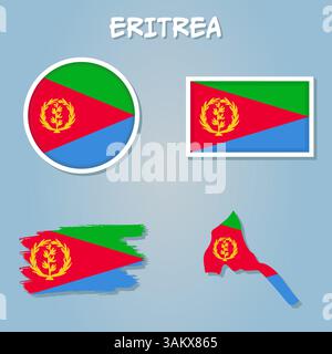 Vector of Eritrea country outline silhouette with flag set Stock Vector