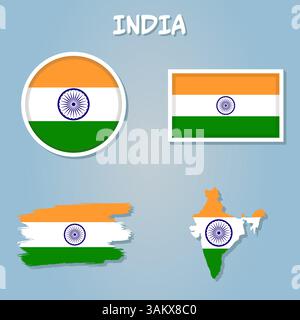 Vector map of India filled with the flag of the country, isolated on white background Stock Vector