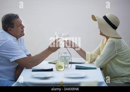 Romantic middle-aged couple toasting each other with a glass of wine as they sit at a restaurant table waiting for their meal Stock Photo