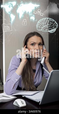 Young office worker talking on two cell phone in office. Elements of this image furnished by NASA Stock Photo