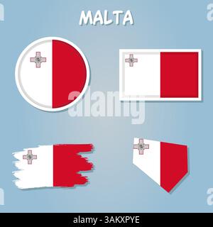 Malta Map Flag. Map of the Republic of Malta with the Maltese national flag isolated Stock Vector