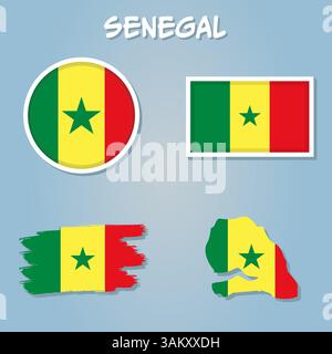 Map of Senegal on a blue background, Flag of Senegal on it Stock Vector