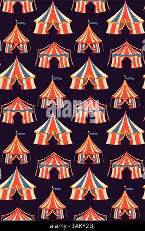 Vector seamless pattern with retro circus vintage tents on dark background. Texture with colorful carnival marquees for fabric and wallpaper Stock Vector
