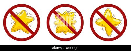 Vector set of prohibition signs with stars. Miracle and magic in ban. Collection of forbidden stickers. No dreaming Stock Vector